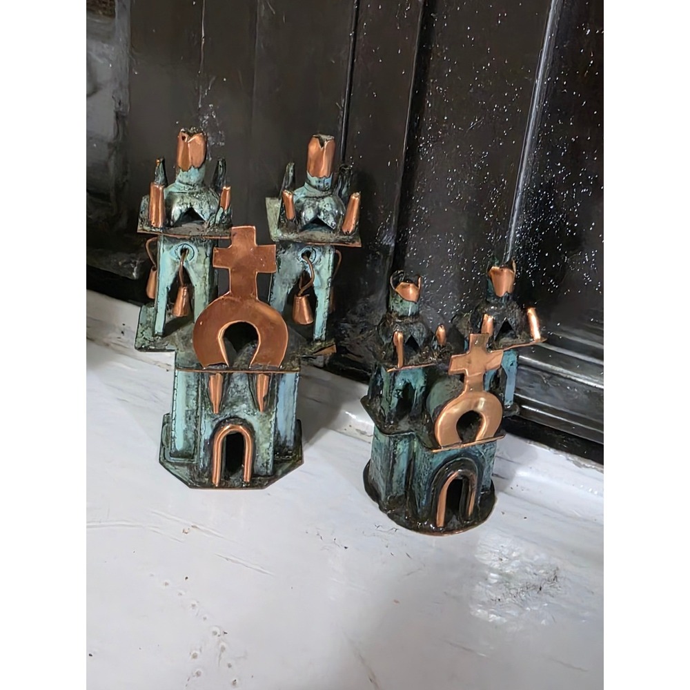 Vintage Peru Verdigris Copper Miniature Church Cathedral Set of 2 Folk Art